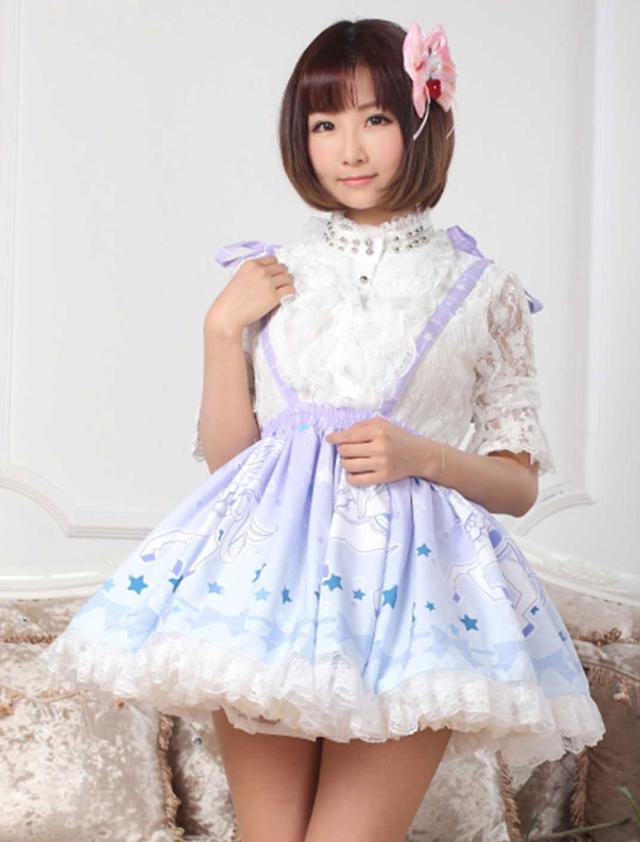 【短納期】ロリータ服　スカート　スィート　ポリエステル　プリント　ブルー　カジュアル