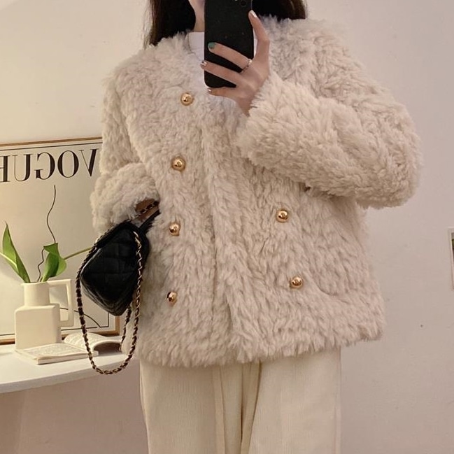 ジャケット レディース アウター S M L もこもこ 韓国 ボアコート 切り替え 無地 ボア 厚手 ミディアム丈 長袖 ラウンドネック トレンド メタルボタン ボタン 前開き ポケット ゆったり
