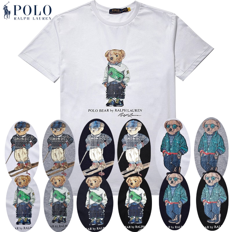 本物保証 メンズ コットン ポロベアー 限定プリント半袖Tシャツ 4カラー(ブラック / ヘザーグレー / ネイビー / ホワイト)3スタイル(Knit & Bag)(Glasses)(Skiing)
