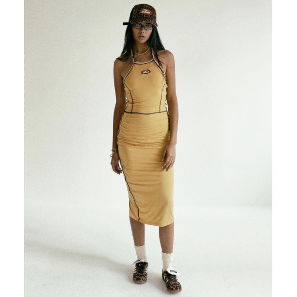 BADBLOOD Oval Logo Halter Neck Midi Dress Mustard w-drs2