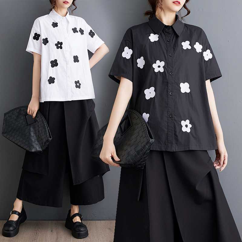 2024夏の新型可愛い刺繍花の絵柄韓国大きいサイズ プリント通勤半袖シャツ