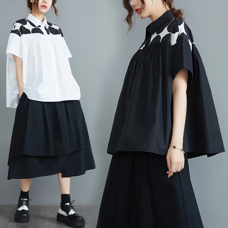 夏でもブラウス大きいサイズ シャツドット柄切り替えプリントファットマミー通勤百掛け2Way文芸復古可愛い着痩せ半袖ブラウスQYYF71