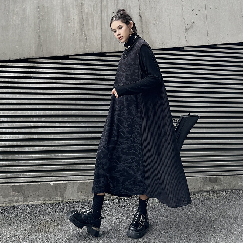 【J.Fashion】 ノースリーブワンピース 皺ドッキング おしゃれ vネック 個性的なデザイン レディース 袖なしワンピース メガ割