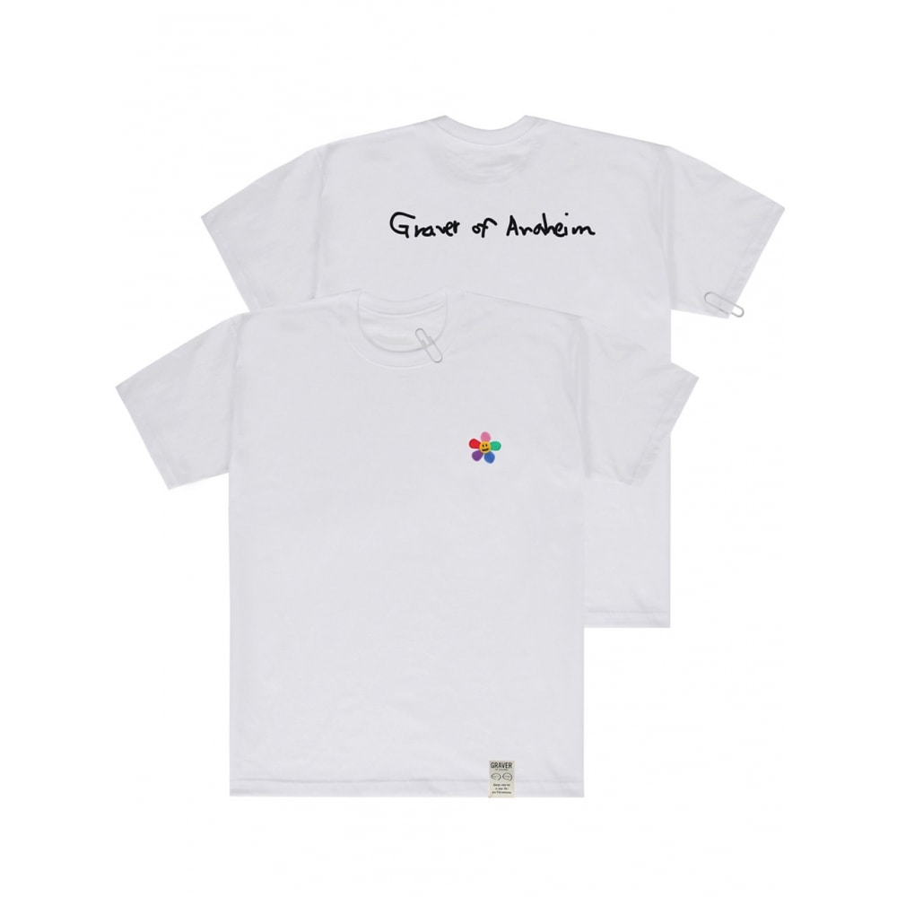 GRAVER レインボーフラワー刺繍バックロゴ半袖Tシャツホワイト