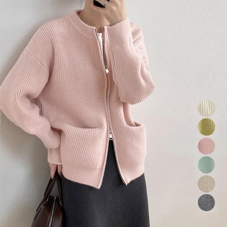 ニットカーディガン ジップアップアウターニットカーディガン 秋冬 リブニット
