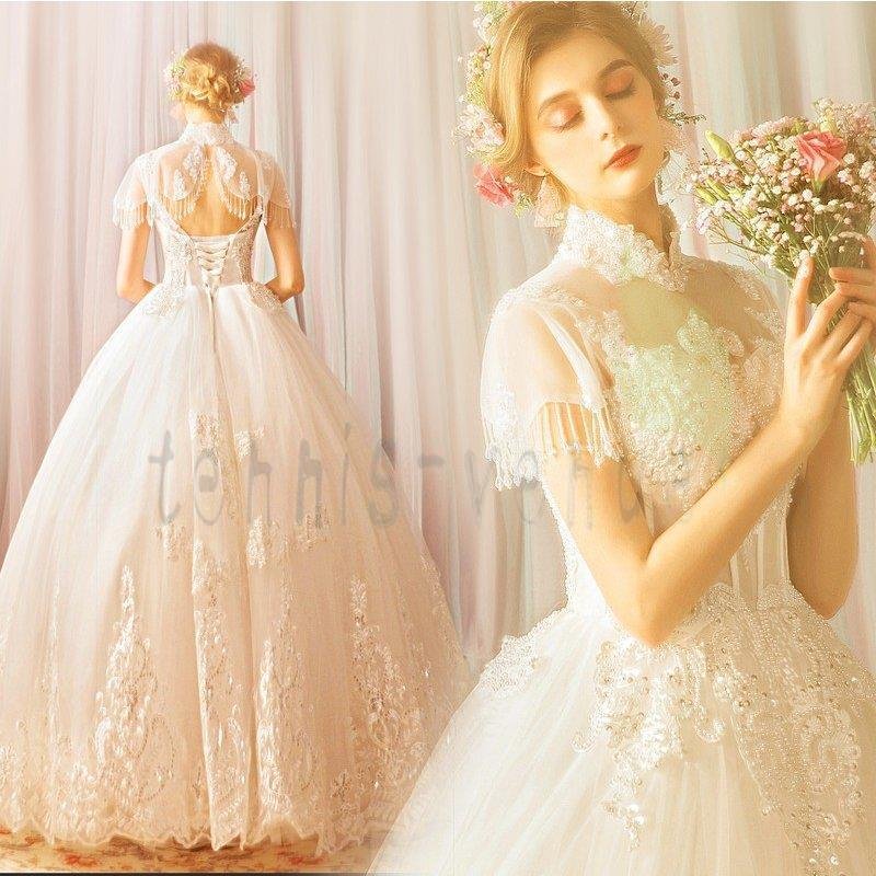 ウェディングドレス 白 安い 大きいサイズ 袖あり 結婚式 花嫁 ドレス 姫系 披露宴 ロングドレス