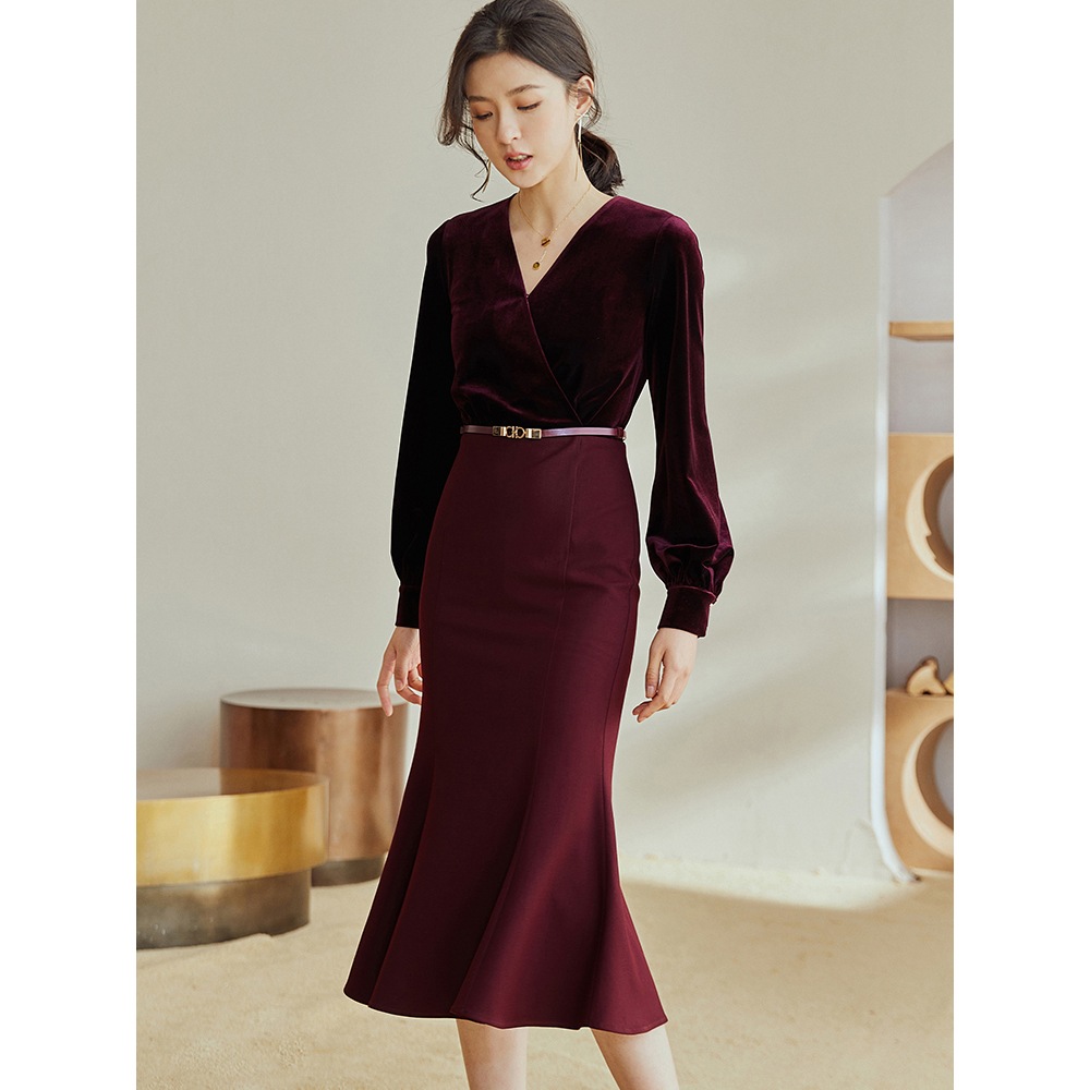 カシュクール風ワンピース ドレス Vネック 長袖 膝下 ミディ丈 パーティ お食事会 ママ会 お呼ばれ 春 秋 冬