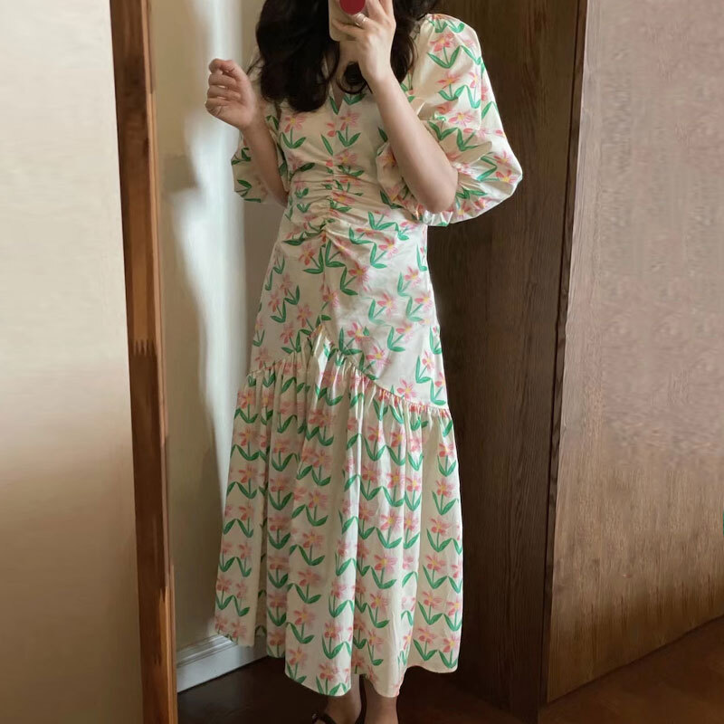 ワンピース ミモレ丈ワンピース 5分袖 パフスリーブ ボリューム袖 Vネック シャーリング ミモレ丈 かわいい 大人可愛い きれいめ シンプル 上品 おしゃれ ラフ 大人女子 こなれ感 個性的 主役級