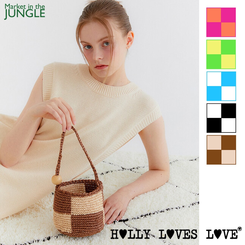 「韓国人気」かぎ編み チェッカーボード ストローバッグ かごバッグ ニットバッグ ５色展開