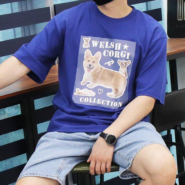 WTD メンズ ビッグサイズ ブント ウェルシュコーギー 転写プリント 半袖Tシャツ
