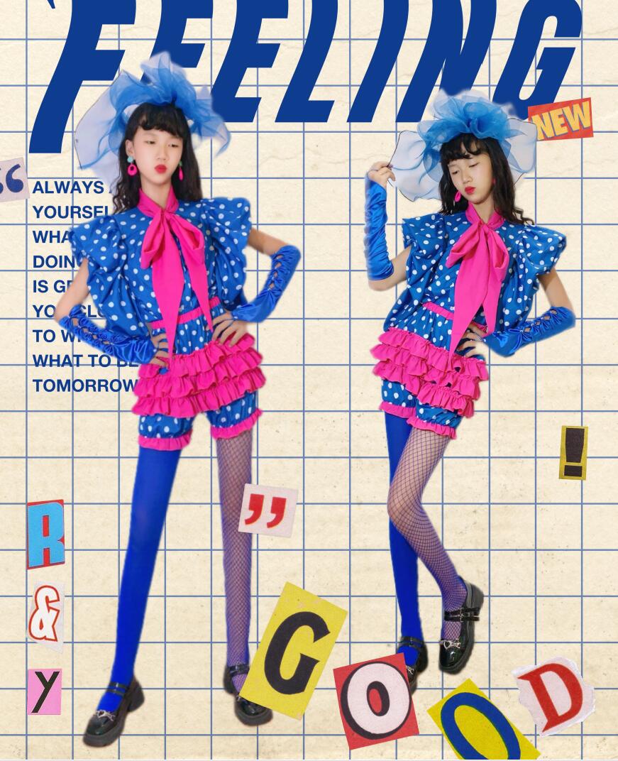 ブルー ドット柄 レトロ 上下セット ダンス衣装 2点セット 女の子 キッズダンス衣装 フリルパンツ 舞台衣装 水玉柄 復古風 ヒップポップ 発表会 可愛い モデル 演出服 団体 チア