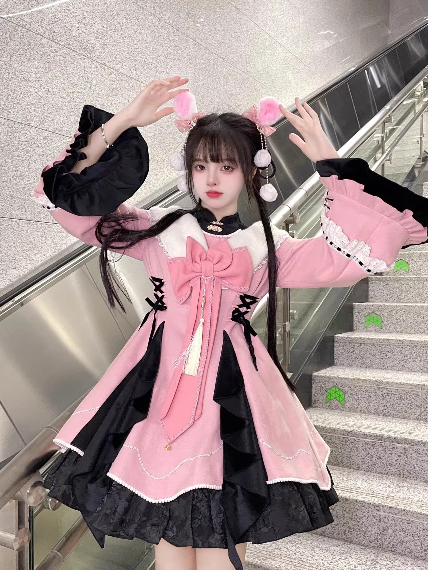 ピンクチャイナロリータ漢要素ドレスロリータプリンセスドレスロースカートコスプレ