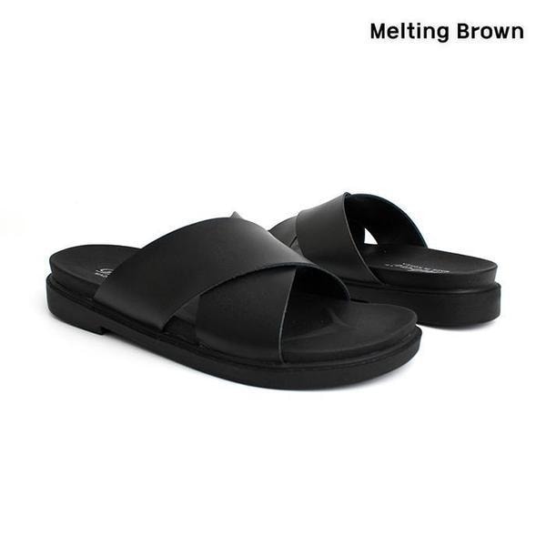 男性デイリー牛革Xストラップクッションスリッパ