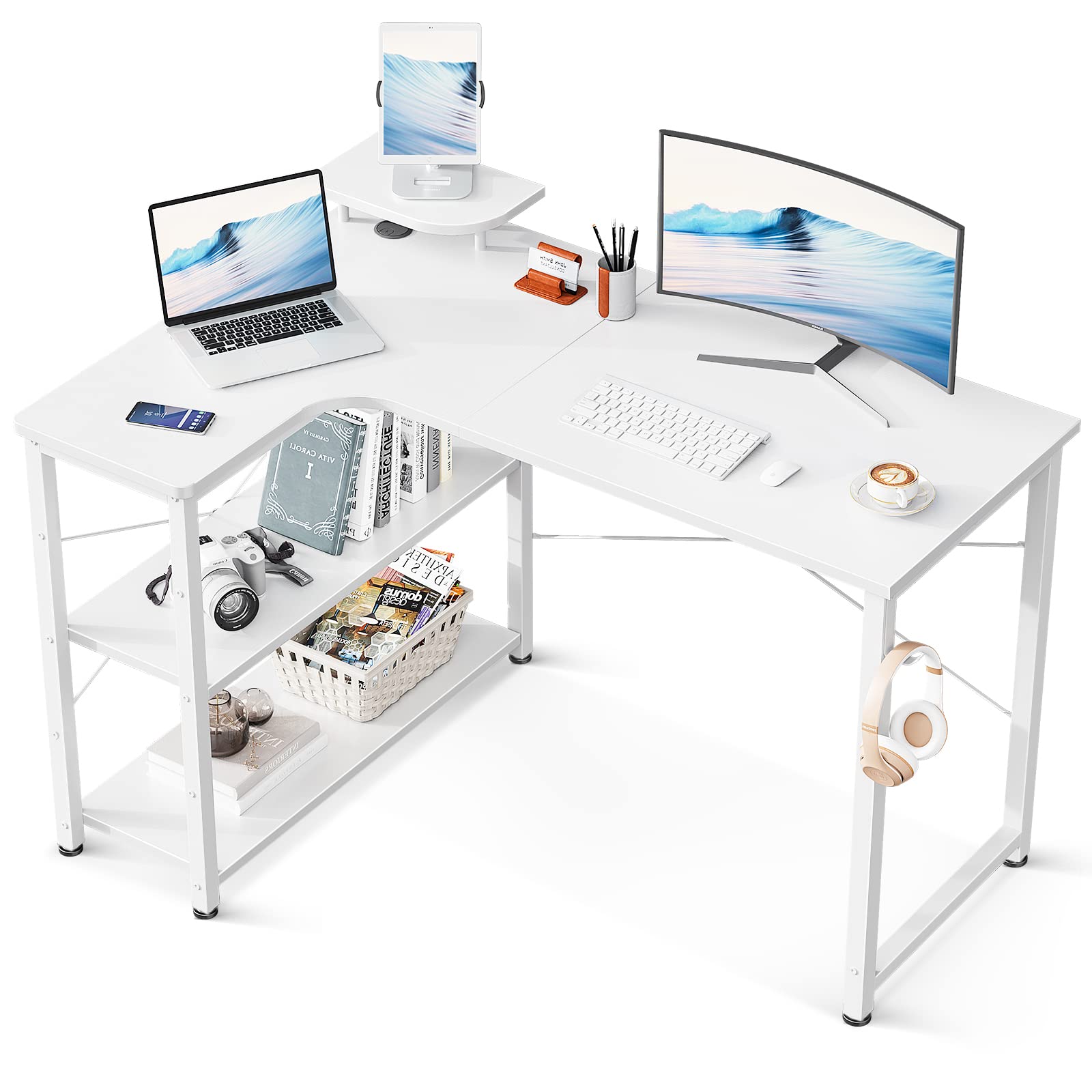 パソコンデスク L字 ゲーミングデスク 幅110 L字デスク pcデスク デスク 机 ラック付き 収納 コーナーデスク オフィスデスク 在宅勤務 組立簡単 書斎 ホワイト 左棚 58443