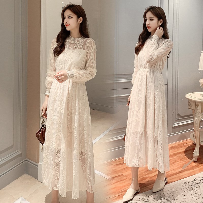 レースワンピース レディース 40代 秋冬 長袖ワンピース 白レースマキシワンピース フレアスカート Bryanevans Com