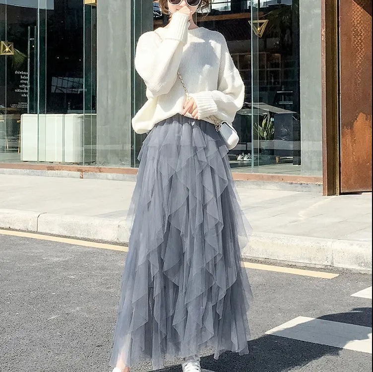 【1つ買うと10つ無料】フリンジフローティングメッシュスカート女性スカートレース不規則なプリーツスカートメッシュフラッシュケーキスーパースカート