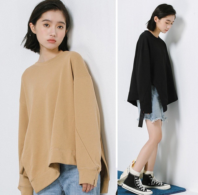 サイドスリットのアシンメトリーデザイン ラウンドネック 長袖トップス 大人カジュアル オシャレ レディースファッション 着回し ママファッション ママコーデ 2018年新作 秋冬物 4,646円