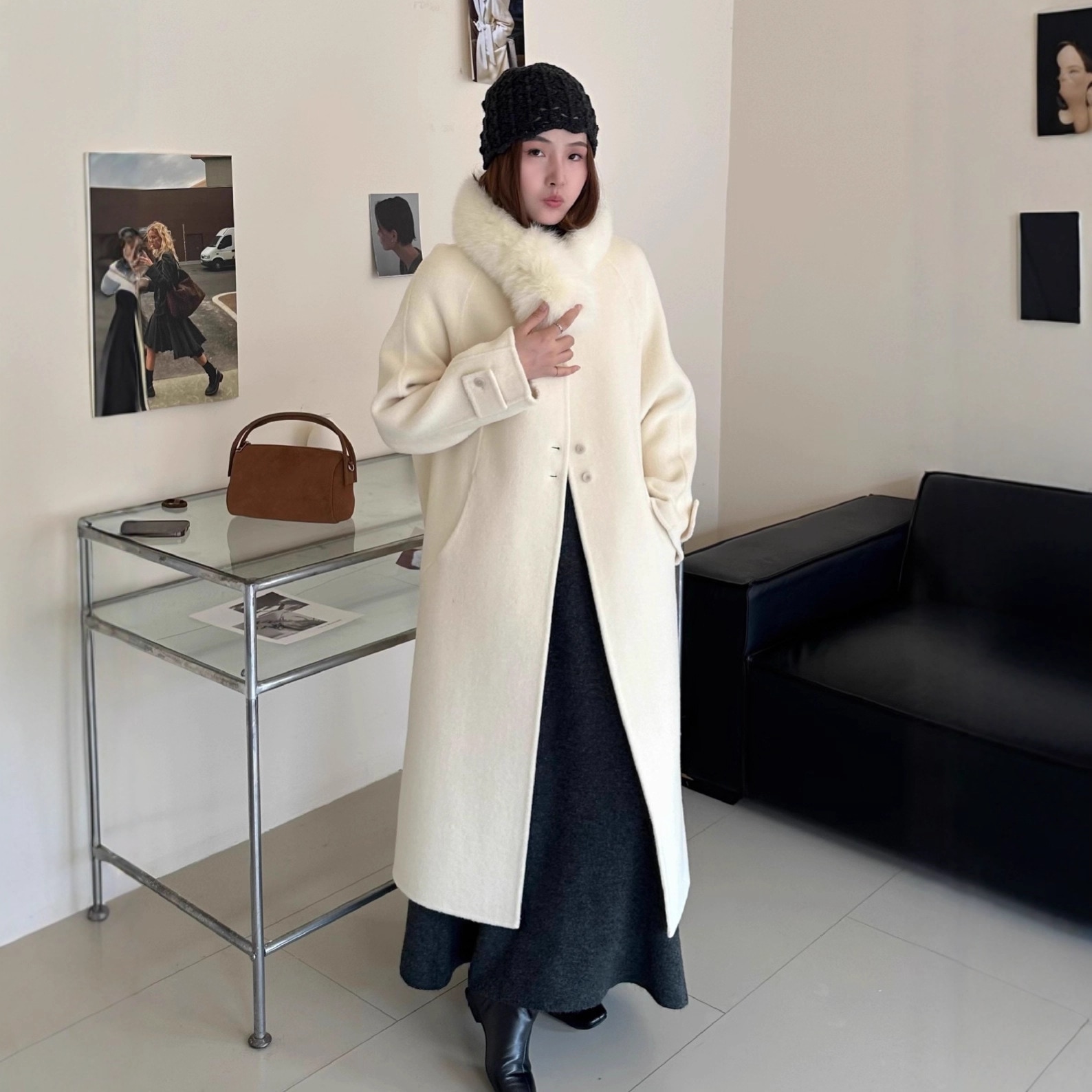 フォックスファースカーフフレンチレディ風ロング両面ウールコート女性用大きいファー襟ファッション両面ウール