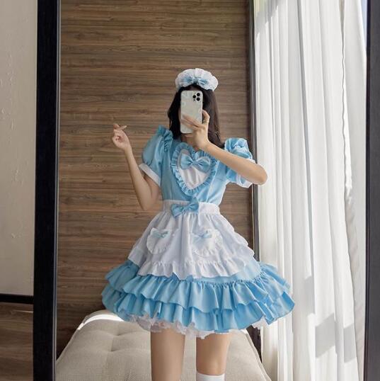 即納コスプレ 仮装 メイド 服 ゴスロリ 萌え コスプレ 衣装 仮装 女装 フリル ロリータ かわいい カチューシャ 付き セットウェイトレス レディース コスチューム カフェ ブルー イベント 学園