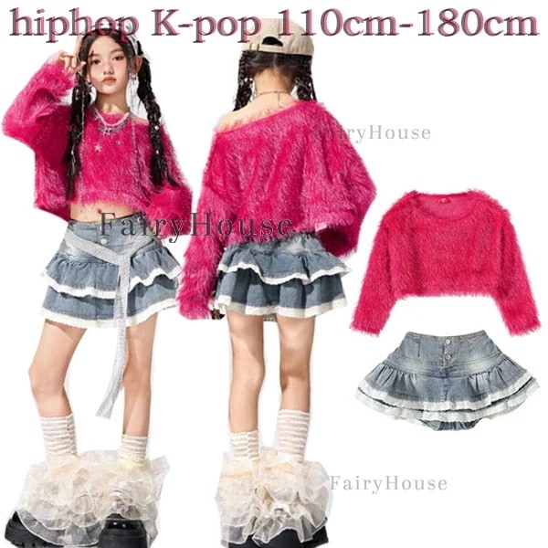 2026新型 タイムセール キッズダンス衣装 女の子 セットアップ 子供服 演出服 上下セット 長袖 へそ出し バラ トップス+デニムスカート おしゃれ 団体服 hiphop 舞台 ステージ衣装 躍