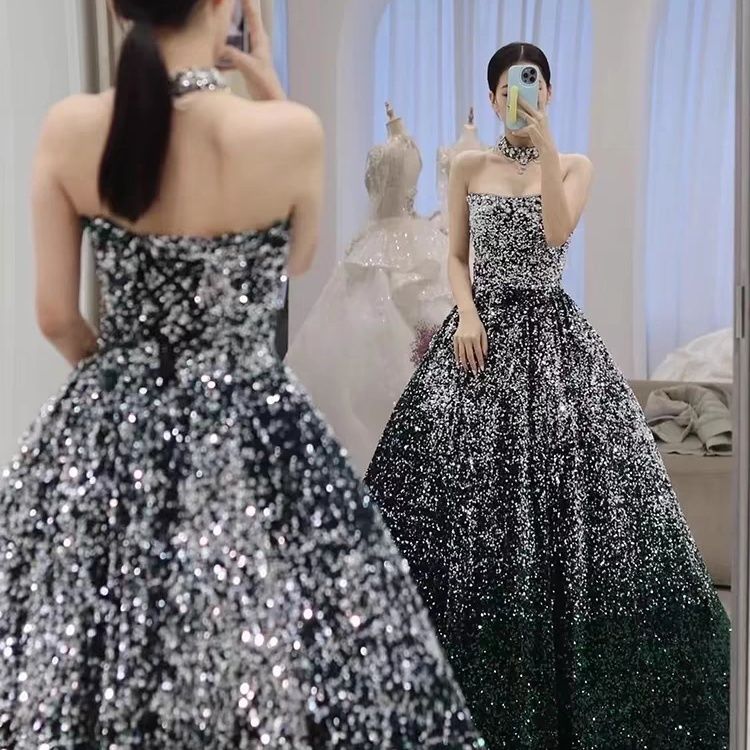 女性用のドレスストラップレス2025ボーカルアート試験気質スパンコールワンピースドレスドレス