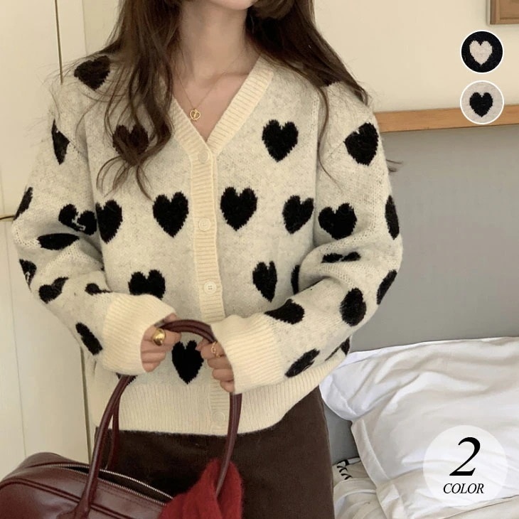 ニット セーター レディース 春 秋 冬 ハート柄 ニットセーター カーディガン トップス Vネック 長袖 羽織り レトロ カジュアル 韓国ファッション