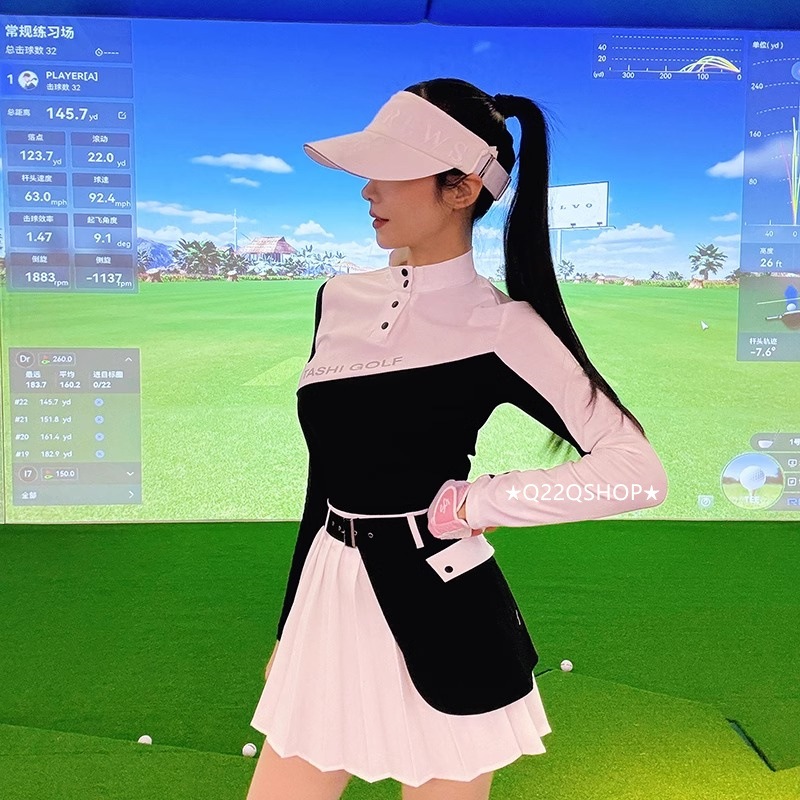 ゴルフウェア 2025 春夏 上下セット 長袖 poloシャツ プリーツスカ スカート 日焼け止め 速乾 黒白 かわいい 痩せる 韓国風 レディース ゴルフスカート スポーツウェア テニスウェア
