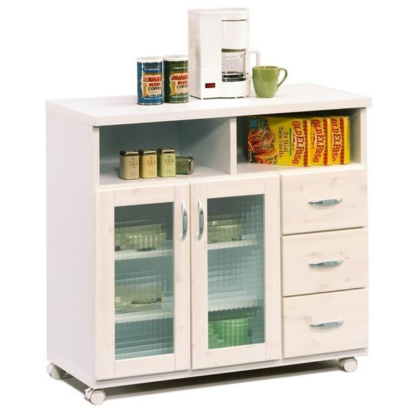 日本製 カントリー調 天然木 キッチンカウンター 89cm幅 ホワイト 完成品 カウンター キッチン収納 キャスター付き