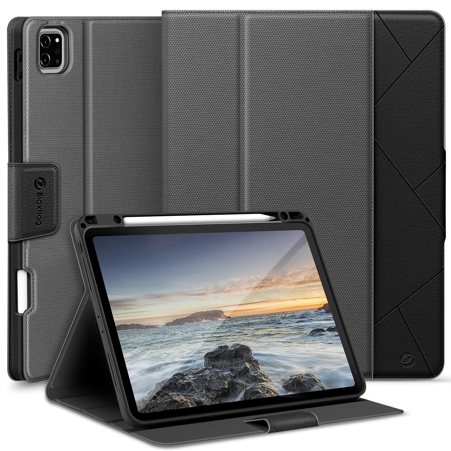 BloxFlag iPad Pro 12.9インチ ケース 2022/2021/2020/2018 カードポケット付き マグネットクラスプ PUレザー ペンホルダー付き オートスリープ機能 Apple
