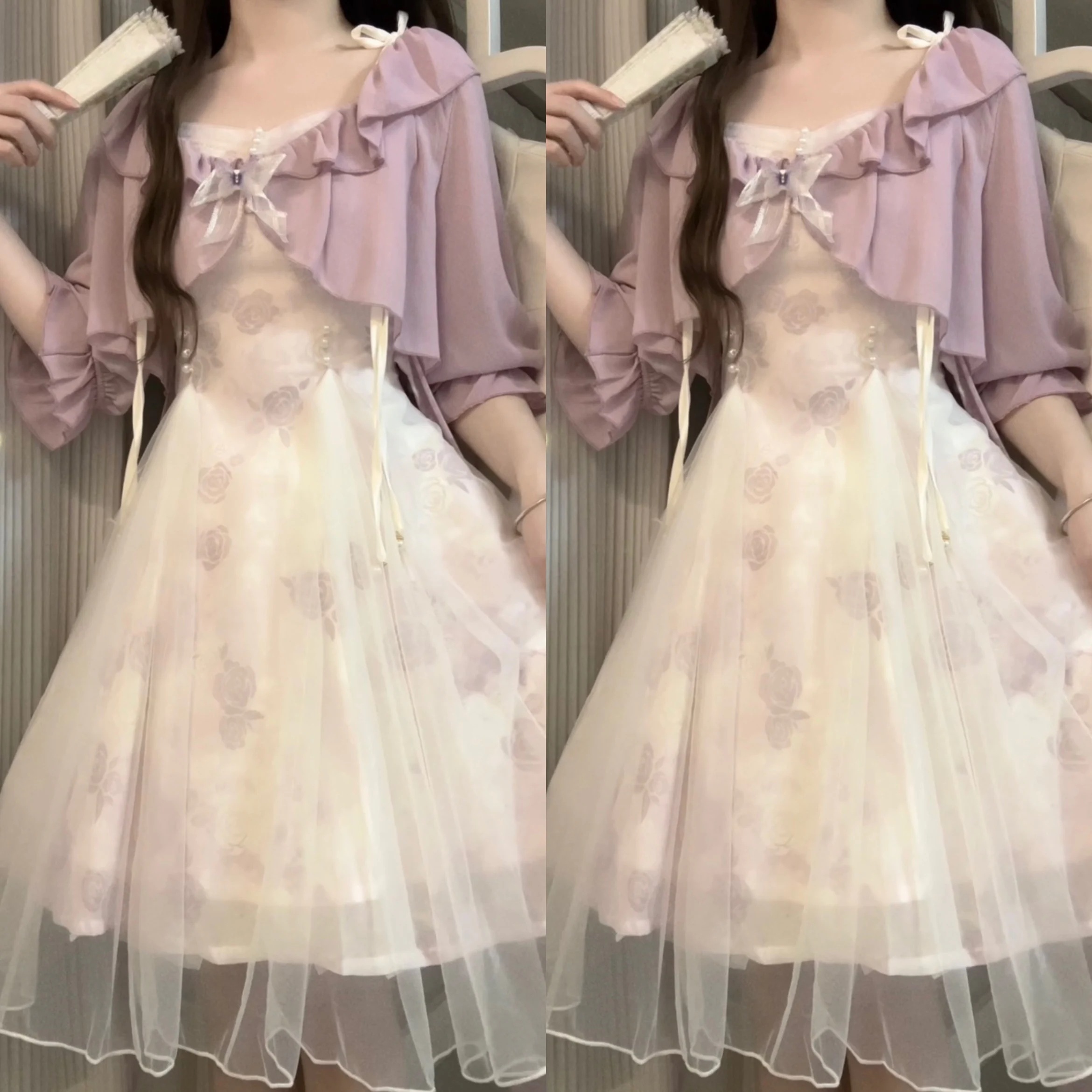 正規品デザイン薔薇夢境新韓国cos要素ストラップワンピースジャケットセット