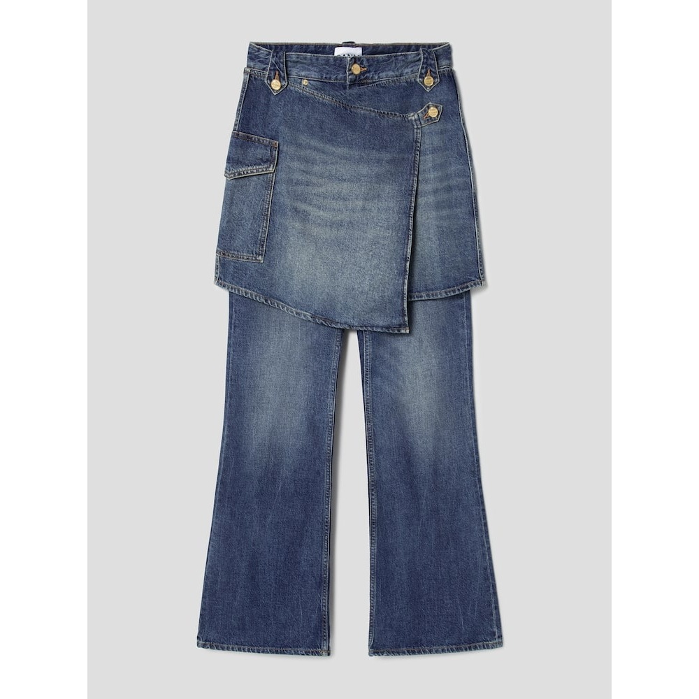 GANNI ヘビーウォッシュデニムフレアスカートジーンズ-ブルー FW24/QN4721R02P
