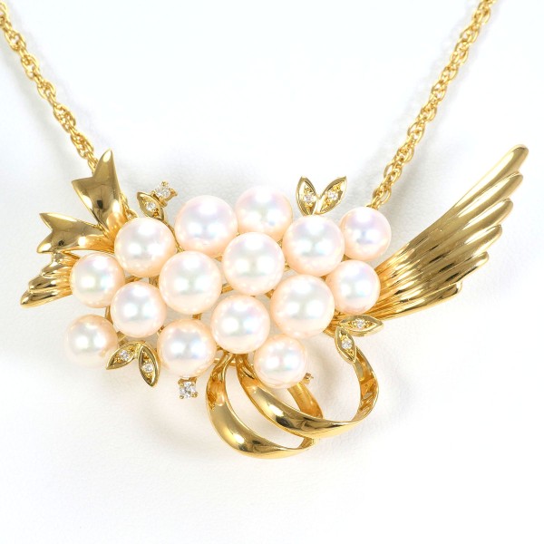 K18 18金 YG ネックレス ブローチ 帯留め アコヤ真珠 ダイヤ 0.10 カード鑑別書 中古