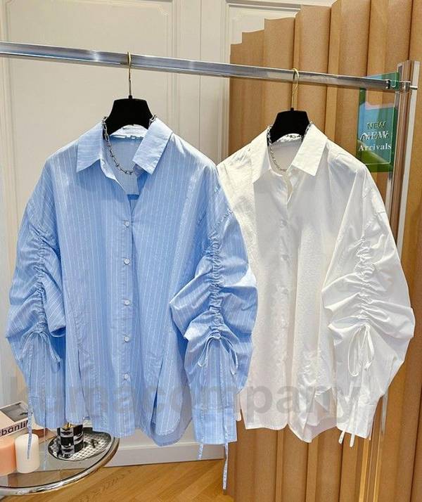 バルーンスリーブ シャツ ブラウス レディース 長袖 トップス ストライプシャツ ボリューム袖 リボン ギャザー 白 春 秋 韓国 ファッション レギュラーカラー 通勤服 オフィス カジュアル 大人可