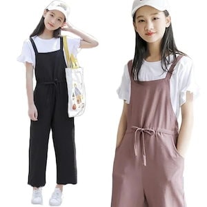 キッズ サロペットパンツ 薄手 服 二点セット 女の子 半袖 Tシャツ トップス オーバーオール 子供服 ウエスト紐 シンプル 無地 カジュアル ジュニア