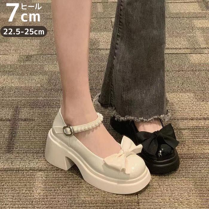 7cmヒール厚底パンプスストラップリポンパンプスレディースおでこ靴厚底靴ローファー前厚シンプルロリータパンプス通学学生靴コスプレ靴