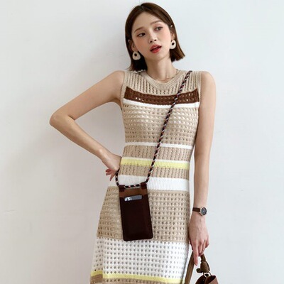 ワンピース ロングワンピース ノースリーブワンピース ラウンドネック ロング丈 ウエストマーク 透かし編み かわいい 大人可愛い きれいめ シンプル 上品 おしゃれ かっこいい レトロ ラフ ルーズ