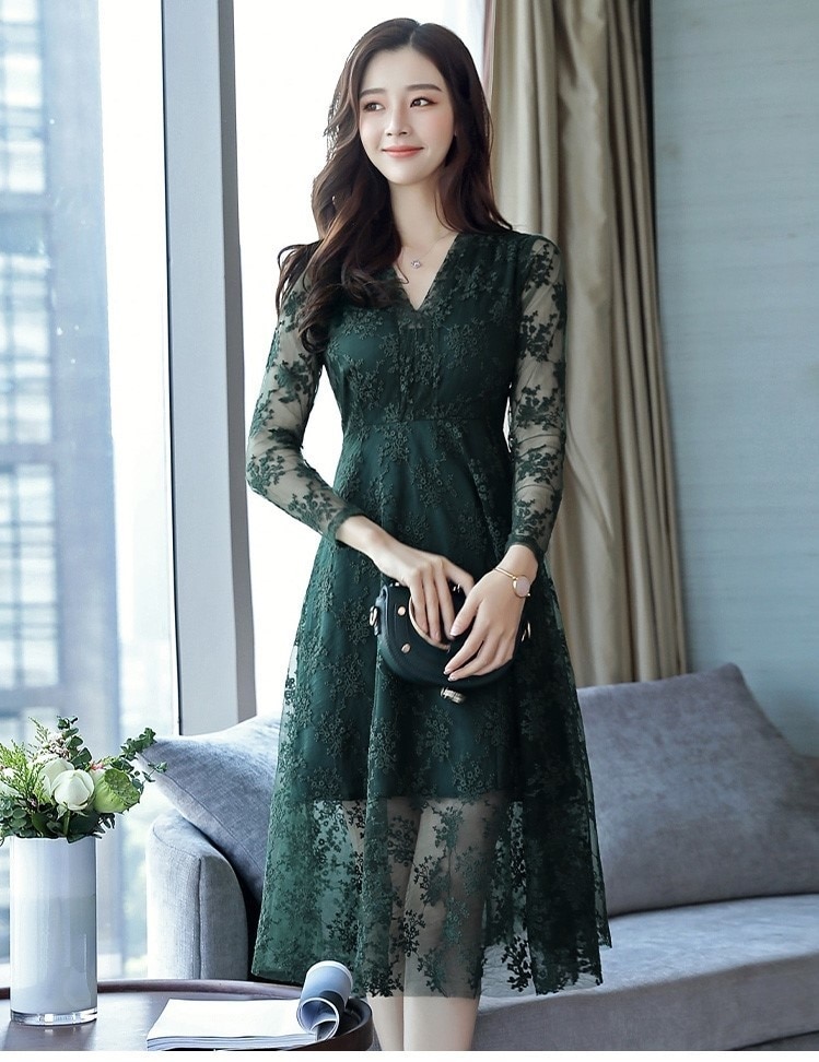 A1017.Vネックシースルーレースドレス（グリーン）2019 春夏 sale 春夏 sale ワンピース 長袖 フリル リボン エレガント お呼ばれ パーティー 結婚式 披露宴 女子会 レストラン