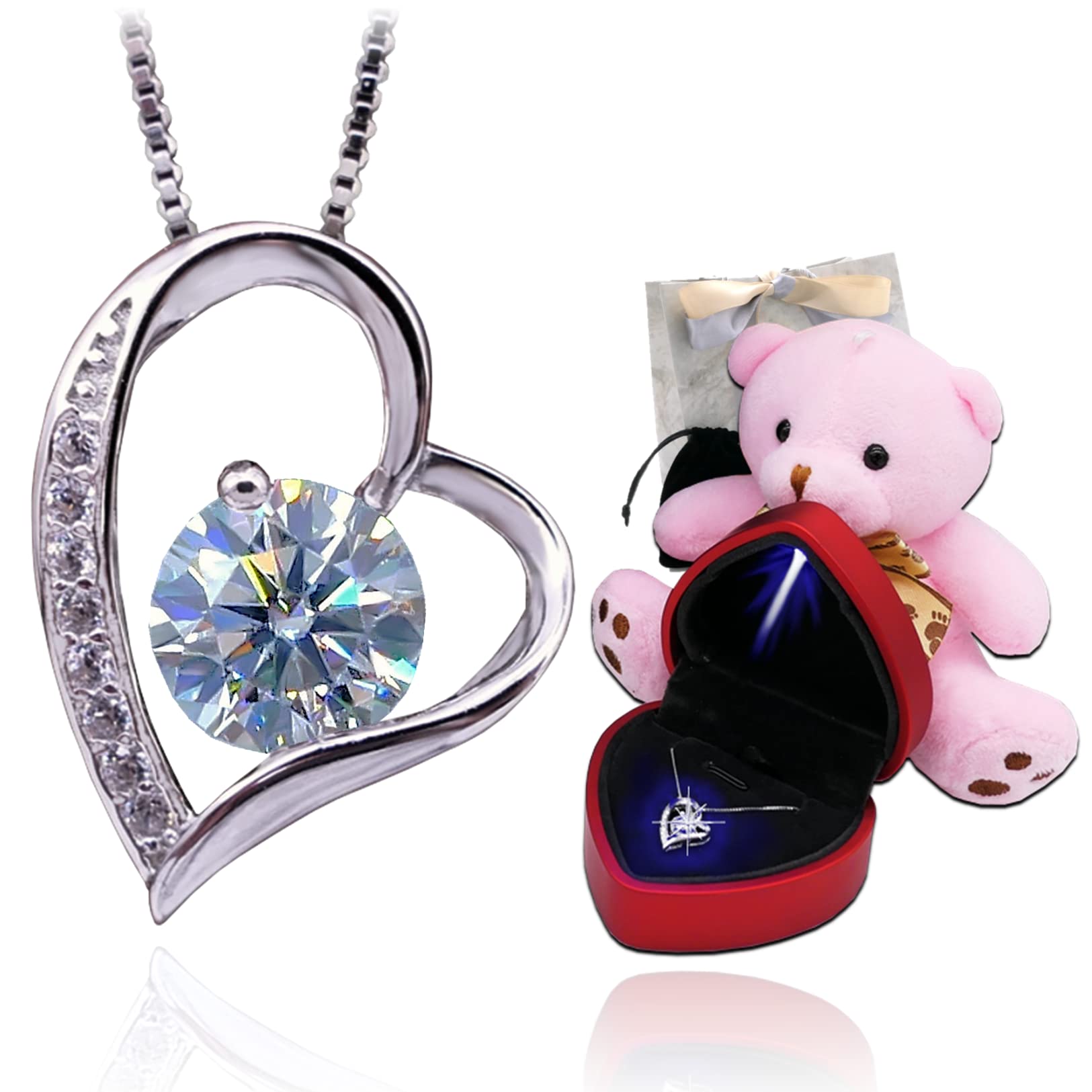 [Atlacic] ネックレス レディース 最高級 ジルコニア 刻印有り オープンハート サプライズ クリスマス プレゼント セット ハート型 LEDライト 母の日 誕生日 (プラチナ)