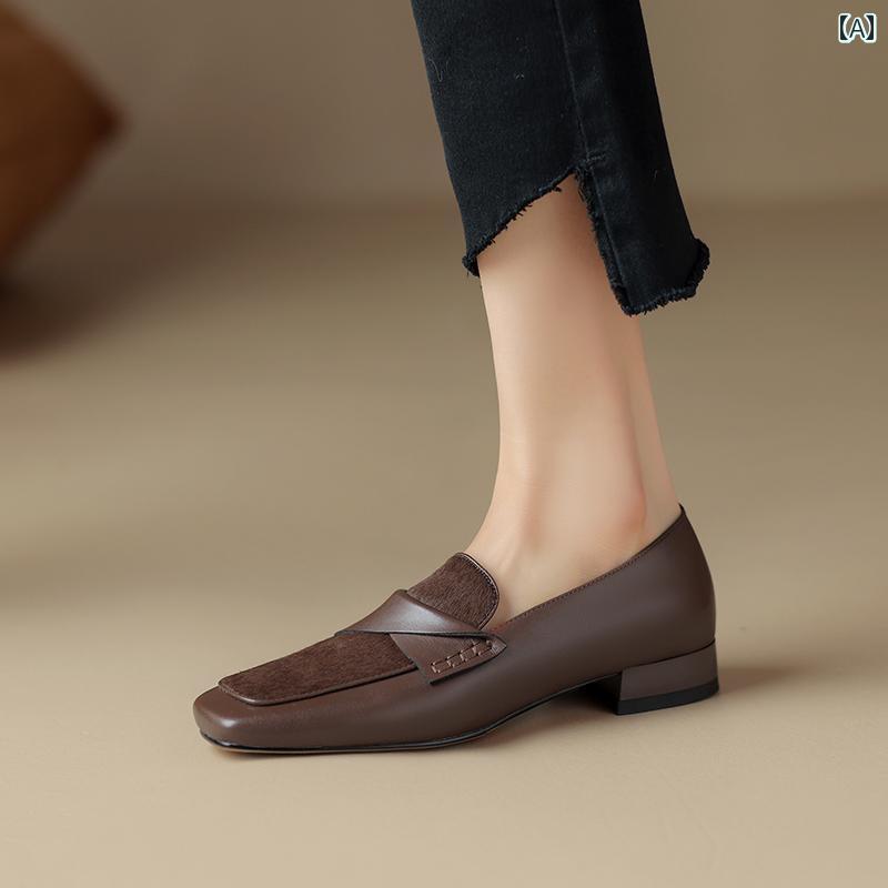 ローファー レディース 歩きやすい 通勤 通学 春秋 女性用 馬 毛 牛革 快適 ソフト ソール ローヒール フラット シューズ 女性用 深口 シングル シューズ