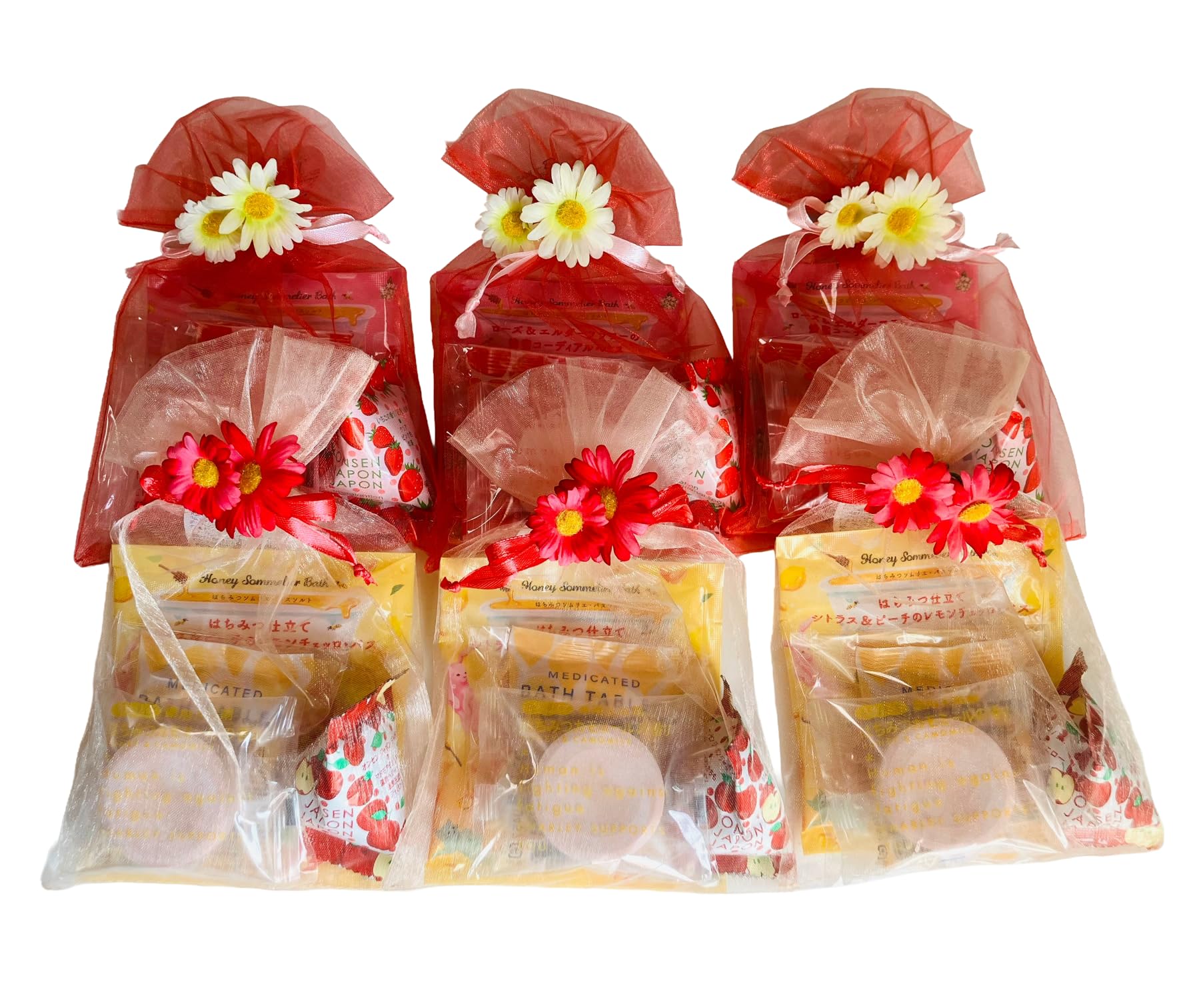 ギフトセット 入浴剤 6個 オーガンジー袋入り ホワイト・レッド各3個 フラワー装飾付き