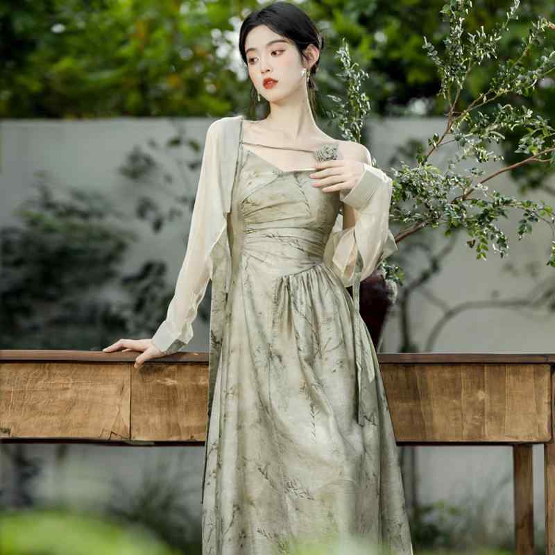 ワンピース チャイナ風 中華美人 コスプレ 中華風 旅行 観光 クール サスペンダー ドレス カーディガン ツーピース 洗練 透け感 きれいめ 清楚 ナチュラルカラー