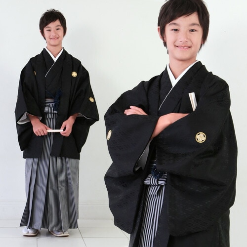 レンタル７泊８日 卒業式 袴 レンタル 小学生 男 男の子 ジュニア 安い 卒業式紋付羽織袴セット 紋付袴 袴セット フルセットレンタル黒地に花菱文