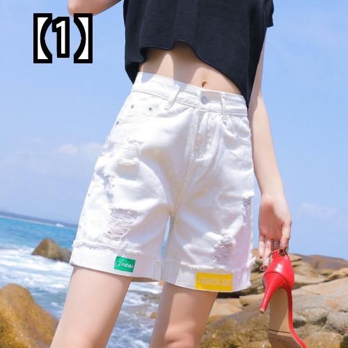 デニムショートパンツホワイトレディース夏デザインV刺繍ダメージ加工ブラックハイウエスト