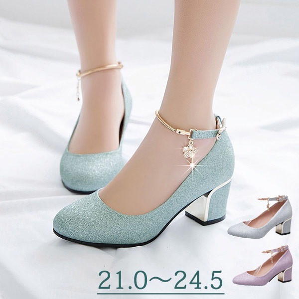 パンプス ハイヒール キラキラ 太いヒール 小さいサイズ ストラップ 女の子 3colors パープル シルバー ブルー 結婚式 ピアノ発表会 可愛い かわいい パーティー シューズ 靴 演奏会 演出