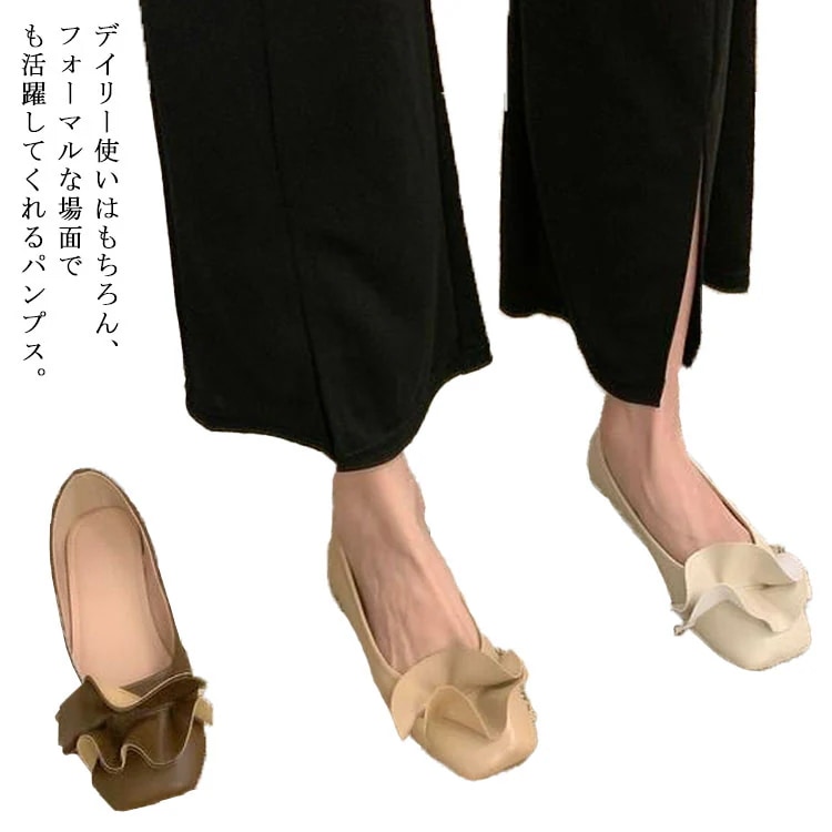 ローファー フリル パンプス 歩きやすい 痛くない ぺたんこ スクエアトゥ ブラック 疲れない 柔らかい 黒 フラットシューズ フリル 長時間 おしゃれ 立ち仕事 レディース靴 滑り止め 21cm 2