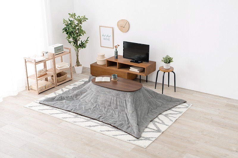 こたつセット こたつ うす掛布団 2点セット ブラウン/グレー 90x50cm 木目調 楕円 省スペース 折りたたみテーブル リビングテーブル オールシーズン コタツ