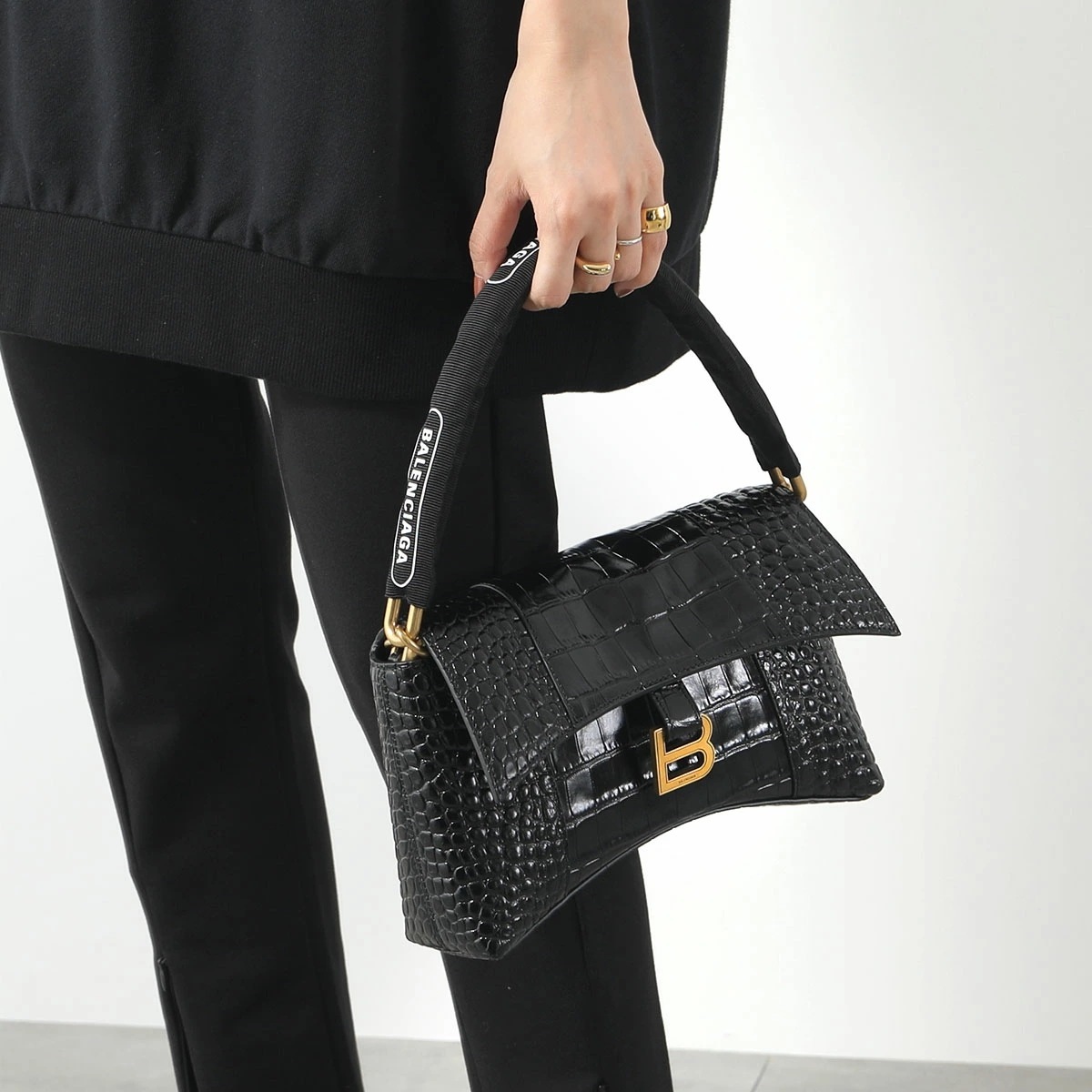 BALENCIAGA バレンシアガ ショルダーバッグ DOWNTOWN XS ダウンタウン 689121 2106F レディース レザー クロコ型押し ロゴ 鞄 1090/BLACK-BLACK