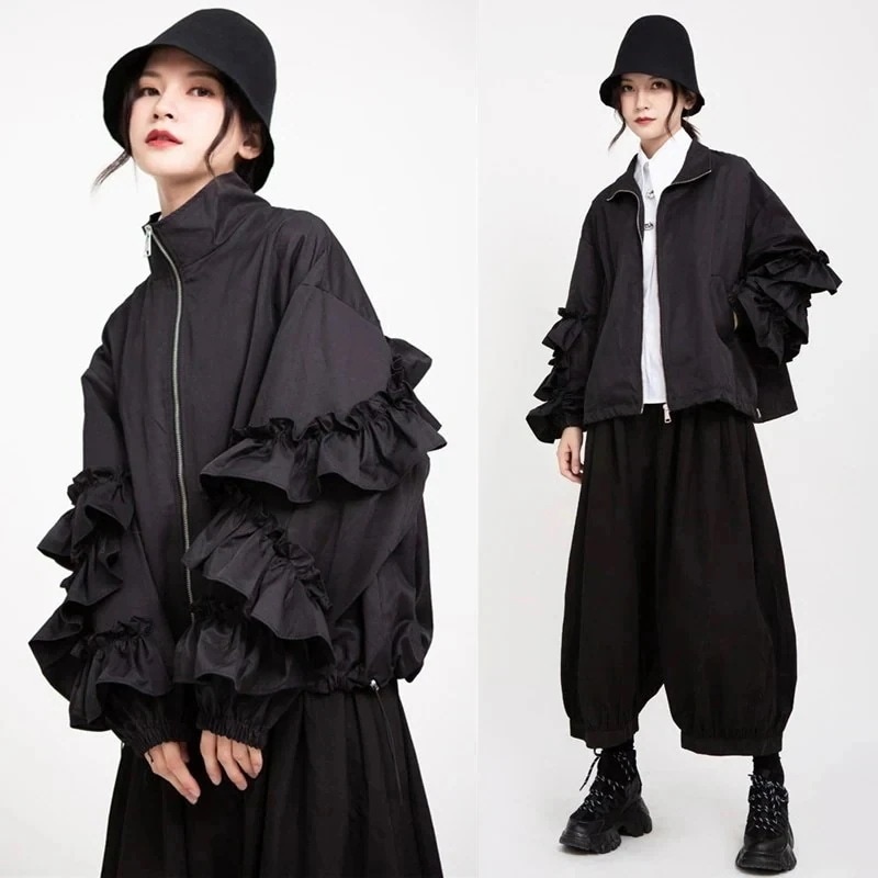 【J.Fashion】春秋 フリル ファスナー ジャケット ブラウン おしゃれ レディース トップス アウター カシミヤタッチ パフスリーブ オフィス 長袖 日焼け止め 韓国 ブラウス メガ割30%ま