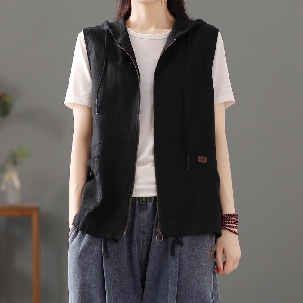 ベスト トップス フーディ パーカー ベストパーカー フーディベスト パーカーベスト 袖なしパーカー フード付き ノースリーブ ジップアップ ポケット アースカラー 無地 レディース かわいい