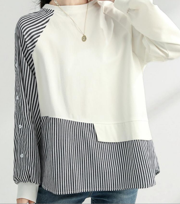 ストライプ柄トップス ツギハギデザイン 長そでトップス トップス シャツ プルオーバー ロング丈 袖あり 長袖 ボリューム袖 Uネック ラウンドネック スリム ストレート Iライン スマート